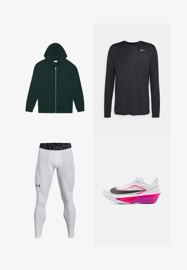 Haut de hoodie zippé vert foncé fabriqué en tissu doux, avec une poche avant, des cordons de serrage et une capuche doublée. Présente des poignets et un ourlet côtelés.; T-shirt noir à manches longues Nike en matériau léger. Il a un col rond et un petit logo Nike blanc sur le haut de la poitrine à gauche.; Leggings de sport blancs au design ajusté, avec une taille élastique dotée d'un logo noir et une texture lisse. Idéals pour des activités sportives.; Nike Performance ZOOM FLY 6 - Chaussures de running sur route - white/black/vivid grape/hyper pink/hydrangeas/dark raisin