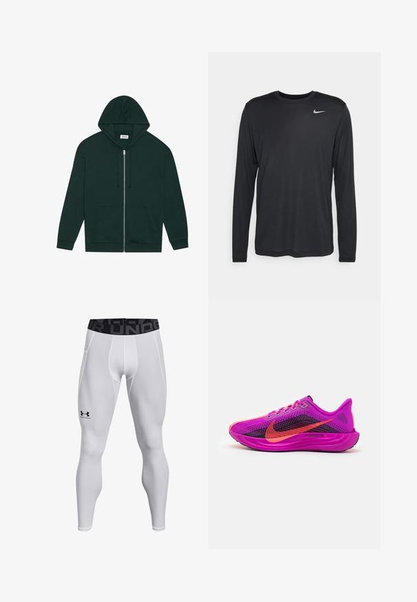 Sweatshirt com fecho éclair verde escuro, feito de um tecido suave, com um bolso frontal, cordões e capuz forrado. Apresenta punhos e bainha em canalé.; Camisa de manga longa Nike preta, feita de material leve. Apresenta um decote redondo e um pequeno logótipo da Nike branco no lado superior esquerdo do peito.; Leggings atléticos brancos com um design justo, cintura elástica com logo preto e textura suave. Adequados para uso em atividades físicas.; Sapatilha de corrida Nike ZoomX em rosa vivo com detalhes em malha preta. Apresenta acentos roxos, atacadores redondos e uma sola texturizada para maior aderência.