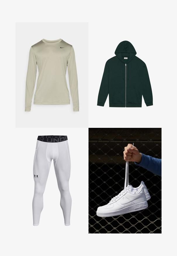 Temnozeleni zip-up hoodie iz mehkega materiala z sprednjim žepom, vrvicami in obloženim kapuco. Ima rebraste manšete in spodnji del.; Majica z dolgimi rokavi za šport v svetlo bež tkanini. Ima okroglo ovratnik in majhen črn Nike logotip na zgornjem levem delu prsnega koša. Gladka tekstura.; Bele športne legice v beli barvi z oblikovanim krojem, elastičnim pasom s črnim logotipom in gladko teksturo. Primerne za aktivno nošenje.; Bela usnjena športna obutev s perforacijami, okroglo konico, ravnim podplatom in debelimi vezalkami, z vidnim logotipom smoosh in napisom "AIR" na peti.