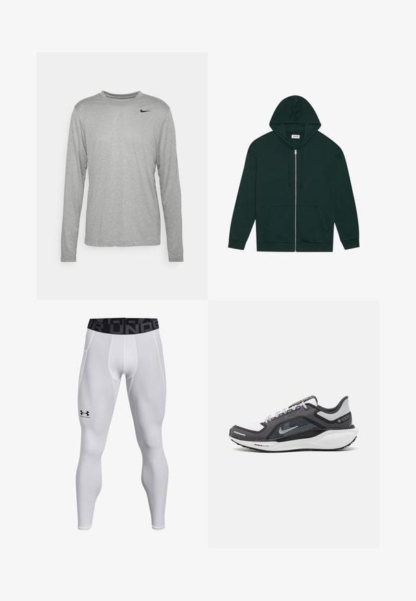 Tamsiai žalia užtrauktuku užsiseganti džemperis, pagamintas iš minkštos medžiagos, su priekinėmis kišenėmis, raišteliais ir pamuštu gobtuvu. Yra raukšlėti rankogaliai ir apatinės dalies kraštas.; Pilkos ilgos rankovės marškiniai, pagaminti iš lygaus audinio, su apvaliu kaklu ir mažuoju juodu Nike logotipu viršuje kairėje pusėje.; Baltos sportinės legginsai su prigludusia konstrukcija, elastinga juosmens juosta su juodu logotipu ir lygiu paviršiumi. Tinka aktyviam sportui.; Juodas ir pilkas sportinis batelis su tinkleliu viršuje, atspindinčiais akcentais ir balta vidurinė dalimi. Yra tekstūruota guminė išorinė pada ir raišteliai.