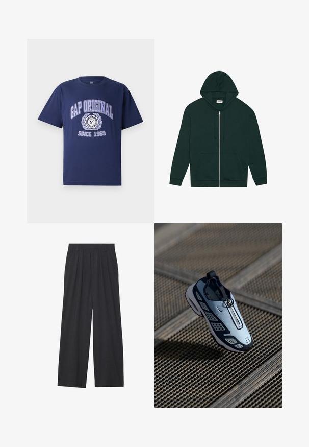 Mørkegrøn zip-up hoodie lavet af blødt stof med en frontlomme, snoretræk og foret hætte. Har ribbede manchetter og kant.; Mørkeblå bomulds T-shirt med korte ærmer, med teksten "GAP ORIGINAL" og grafisk design, cirkulært emblem, og "SINCE 1969" nedenfor.; Vidder bukser lavet af mørkegrå stof. Har folder ved taljen, et skræddersyet design og en lige silhuet.; Nike sneakers har et slip-on design med en lyseblå overdel, sorte accenter og perforerede sidepaneler. Rund tå og tekstureret sål.