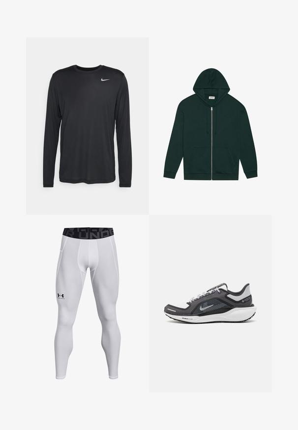 Dunkelgrüne Zip-Hoodie aus weichem Material mit einer Fronttasche, Kordelzügen und einer gefütterten Kapuze. Mit gerippten Bündchen und Saum.; Schwarzes Langarmshirt von Nike aus leichtem Material. Es hat einen Rundhalsausschnitt und ein kleines, weißes Nike-Logo auf der oberen linken Brust.; Weiße Sportleggings mit figurbetontem Schnitt, elastischem Taillenbund mit schwarzem Logo und glatter Textur. Eignen sich für Sportbekleidung.; Schwarzer und grauer Sportschuh mit einem Mesh-Obermaterial, reflektierenden Akzenten und einer weißen Zwischensohle. Verfügt über eine strukturierte Gummisohle und Schnürsenkel.