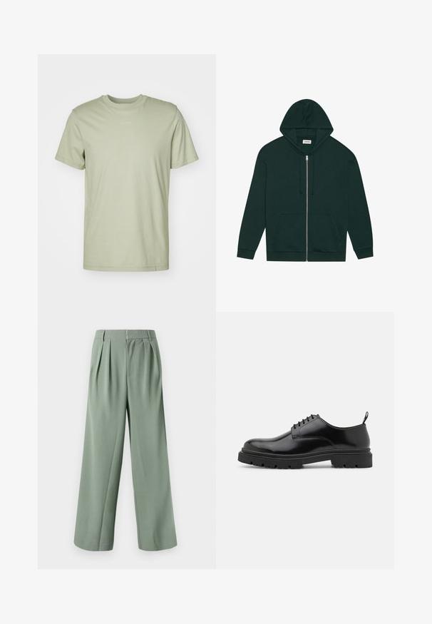 Tummanvihreä vetoketjullinen huppari, jossa on pehmeä kangas, etutasku, kiristysnyörit ja vuorattu huppu. Varustettu ribbineulehihansuilla ja -helmalla.; Vaaleanvihreä puuvillapaita, jossa on pyöreä pääntie, lyhyet hihat ja hillitty brändilogotulostus rinnan keskellä.; Vihreät leveät housut, joissa on laskokset, valmistettu sileästä kankaasta. Varustettu vetoketjukiinnityksellä ja kahdella sivutaskulla. Yksinkertainen, räätälöity muotoilu.; Mustat nahkaiset nauhaketjut kengät, joissa on pyöreä kärki, sileä pinta ja uritettu kumipohja. Varustettu pienellä kannalla ja vetoluukulla takana.