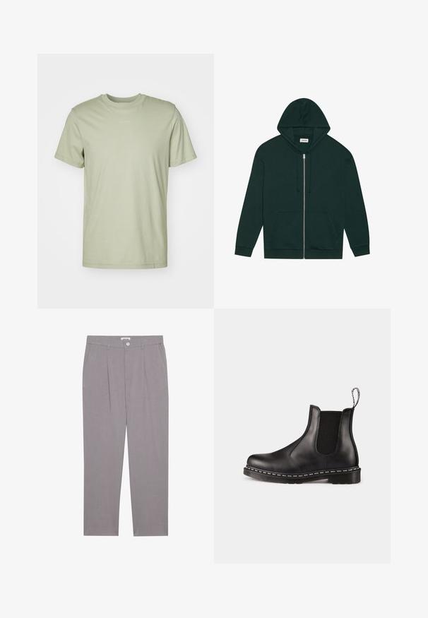 Mørkegrønn zip-up hettegenser laget av myk stoff med lommer foran, snorer og foret hette. Har ribbestrikkede mansjetter og nederkant.; Lys grønn bomulls T-skjorte med rund hals, korte ermer og en diskret merkelogo trykket på midten av brystet.; Grå skreddersydde bukser med rett kutt, med to forlommer, press og knappelukking. Laget av lett stoff.; Svart lær Chelsea-støvel med elastiske sidepaneler, avrundet tå, trekksløyfe, hvite sømmer på sålen, og strukturert gummisåle.