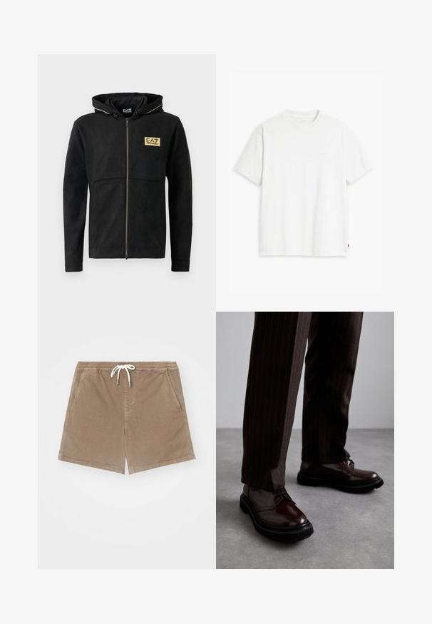 Schwarze Zip-Hoodie aus weichem Material, mit einem goldenen Logo auf der Brust, kontrastierendem Reißverschluss und einer Kapuze mit Kordelzug.; Weißes Baumwoll-T-Shirt mit kurzen Ärmeln, Rundhalsausschnitt und dezentem Levi's-Logo in der Mitte. Weicher Stoff und normale Passform.; Braune Baumwollshorts mit einem elastischen Bund und weißem Kordelzug, ausgestattet mit zwei seitlichen Taschen und einem geraden Schnitt.; Braune Leder Schnürschuhe mit glänzender Oberfläche, schwarzer Gummisohle und dezenten Nähten. Getragen mit braunen Angabenhosen mit Nadelstreifen.