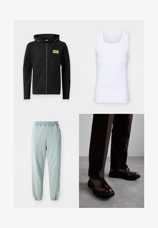 Black zip-up hoodie made of soft material, featuring a gold logo on the chest, contrasting zipper, and a drawstring hood.; White cotton sleeveless tank top with a round neckline, featuring a smooth texture and a fitting shape, designed for casual wear.; Light green sweatpants made of soft cotton, featuring an elastic waistband, side pockets, and subtle graphic detailing along one leg.; Brown leather lace-up shoes with a glossy finish, black rubber sole, and subtle stitching. Worn with pinstriped brown trousers.