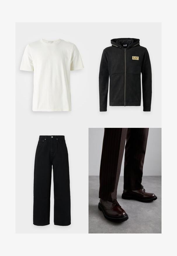 Must-haves must be made of soft material; must-have soft black zip-up hoodie, featuring a gold logo on the chest, contrasting zipper and a drawstring hood.; Hele kooreline puuvillane T-särk ümmarguse kaelusega ja lühikeste varrukatega. Sujuv tekstuur, lihtne disain ja mugav lõige. Ilma mustrite või aktsentideta.; Mustad laiad mustad püksid, mis on valmistatud puuvillast, kõrge vöökohaga, esikülje taskutega, hõbedsest nupust ja puhta servaga.; Pruun nahast nööbitavad kingad läikiva viimistlusega, musta kummist tallaga ja peene tikandiga. Kanda pinstriped pruunide pükstega.