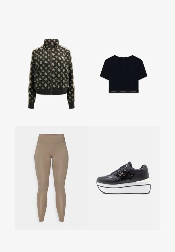 Mustat vetoketjulliset takki, jossa on toistuva valkoinen geometrinen kuosi, korkea kaulus ja erottuvat sivusuunnat. Tekstuurinen neulottu kangas.; Mustat lyhyet hihat, pyöreä pääntie ja pehmeä kangas. Hemmasta löytyy tuotemerkki "GUESS JEANS" valkoisella.; Korkeavyötäröiset leggingsit tasaisessa beigeväriä. Valmistettu sileästä, joustavasta materiaalista, jossa ei ole näkyviä kuvioita tai varusteita.; Mustat alustallar kengät, joissa on kiiltävä pinta, kohokuvioitu pääkallo-kuvio, hopeiset yksityiskohdat ja valkoinen kumipohja.