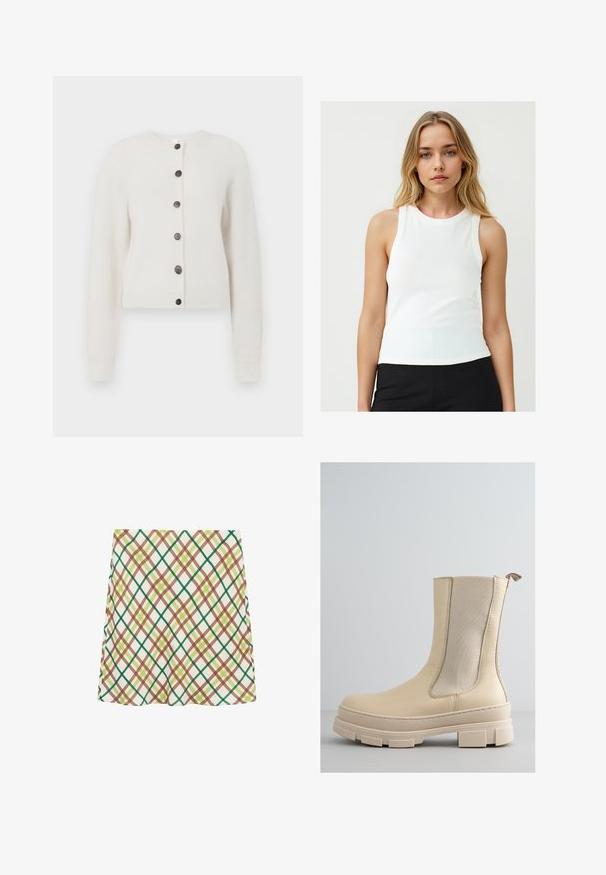 Cardigan di maglia bianca morbida con maniche lunghe, polsini e orlo a coste, e sei bottoni scuri al centro frontale.; Giovane donna con lunghi capelli biondi, che indossa una maglietta senza maniche bianca e pantaloni neri, in piedi davanti a uno sfondo chiaro e semplice.; Gonna A-line bianca con motivo a quadri incrociati verde, marrone e giallo, lunghezza al ginocchio, esposta su uno sfondo bianco.; Stivaletto beige con tomaia in pelle liscia e pannelli laterali elasticizzati. Presenta una suola spessa e testurizzata con design a tasselli e un'apposita linguetta per il sollevamento.