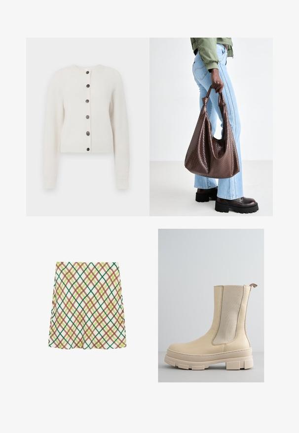 Soft white knitted cardigan with long sleeves, ribbed cuffs and hem, and six dark buttons down the front center.; Young woman with long blonde hair wearing a sleeveless white top and black pants, standing against a plain light background.; White A-line skirt with green, brown, and yellow crisscross plaid pattern, knee-length, displayed on a white background.; Beige ankle boot with a smooth leather upper and elastic side panels. Features a thick, textured sole with a lug design and loop pull tab.; Brown woven leather tote bag with knotted handles, carried by a person in light blue jeans and black chunky shoes. Smooth, textured surface.