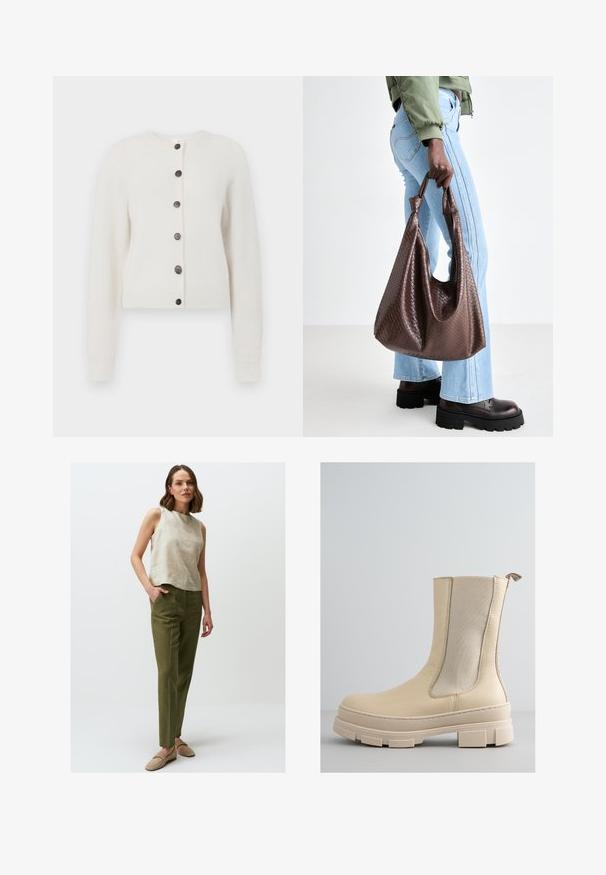 Soft white knitted cardigan with long sleeves, ribbed cuffs and hem, and six dark buttons down the front center.; Young woman with long blonde hair wearing a sleeveless white top and black pants, standing against a plain light background.; Beige linen sleeveless top with a round neckline, paired with green straight-leg trousers. The model wears light beige slip-on shoes.; Beige ankle boot with a smooth leather upper and elastic side panels. Features a thick, textured sole with a lug design and loop pull tab.; Brown woven leather tote bag with knotted handles, carried by a person in light blue jeans and black chunky shoes. Smooth, textured surface.