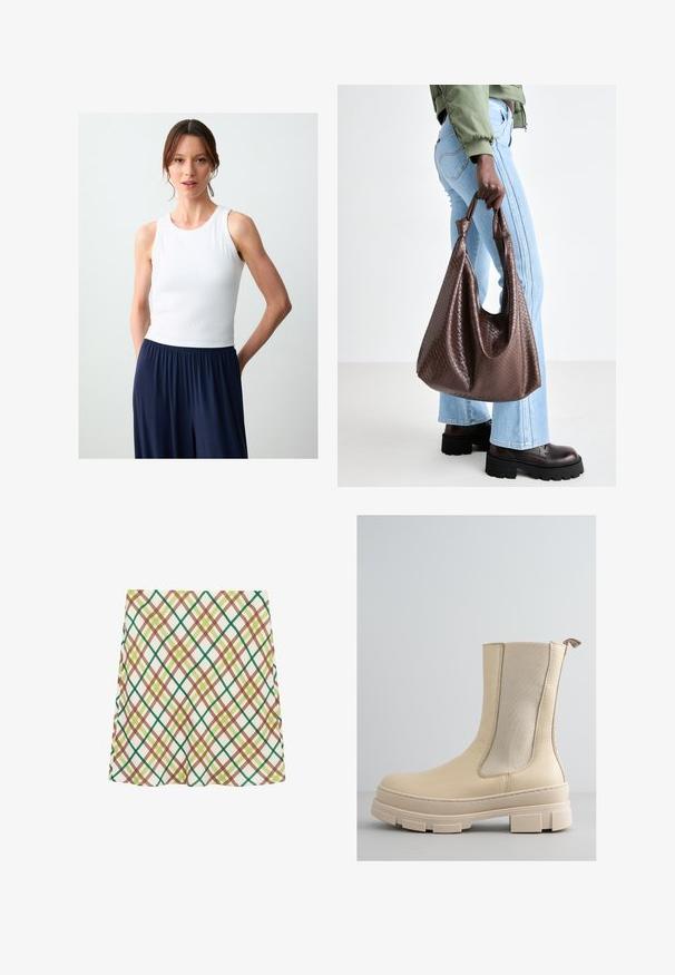 Soft white knitted cardigan with long sleeves, ribbed cuffs and hem, and six dark buttons down the front center.; White ribbed tank top with a round neckline, paired with loose navy blue pants. The cotton blend fabric has a soft texture.; White A-line skirt with green, brown, and yellow crisscross plaid pattern, knee-length, displayed on a white background.; Beige ankle boot with a smooth leather upper and elastic side panels. Features a thick, textured sole with a lug design and loop pull tab.; Brown woven leather tote bag with knotted handles, carried by a person in light blue jeans and black chunky shoes. Smooth, textured surface.