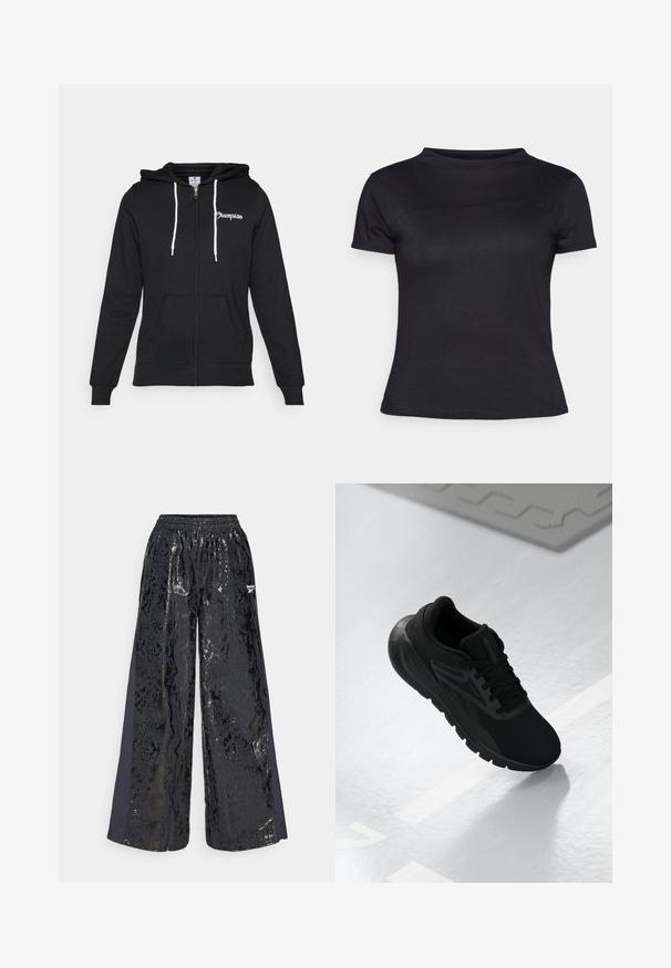 Champion GRAPHIC FULL ZIP HOODIE - Jaka ar rāvējslēdzēju - black; Melna T-krekls ar īsām piedurknēm, izgatavots no kokvilnas maisījuma auduma, ar apaļu kakla izgriezumu un gludu tekstūru, bez redzamām emblēmām vai rakstiem.; Melni platie bikses ar spīdīgu čūsku ādas rakstu un teksturētu apdari. Elastīga josta, sānu paneļi no viendabīgas tumšas auduma.; Melna sporta apava, kas veidota ar sietu augšdaļu, apaļu pirkstu daļu, mīkstu zoli un teksturētām akcentiem, novietota uz gludas baltas virsmas.