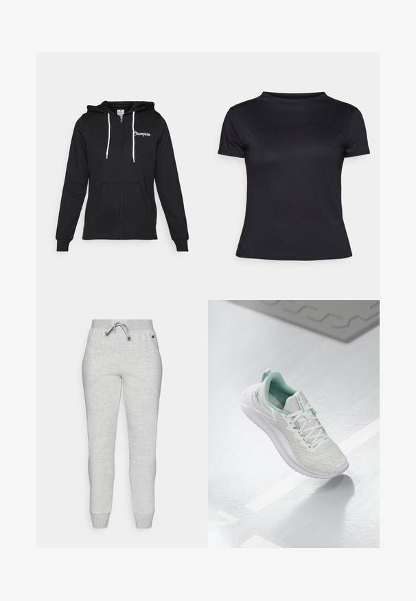 Champion GRAPHIC FULL ZIP HOODIE - Zip-up sweatshirt - black; Black short-sleeve T-shirt made from cotton blend fabric, featuring a crew neck and smooth texture, with no visible logos or patterns.; Gray sweatpants made of soft fabric, featuring an elastic waistband with a drawstring, tapered legs, and ribbed cuffs.; Light gray athletic shoe with a textured knit upper, mint green accents, white laces, rubber sole, and pull tab at the heel.