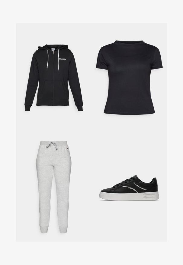 Champion GRAPHIC FULL ZIP HOODIE - Jaka ar rāvējslēdzēju - black; Melna T-krekls ar īsām piedurknēm, izgatavots no kokvilnas maisījuma auduma, ar apaļu kakla izgriezumu un gludu tekstūru, bez redzamām emblēmām vai rakstiem.; Pelēki sporta bikses, kas izgatavotas no mīksta auduma, ar elastīgu jostu ar auklu, sašaurinātiem kājiem un ribotām kapēm.; Melnas ādas tenisu kurpes ar baltu zoli, ar plānām sudraba akcentu un auklu dizainu. Gluda tekstūra ar zīmola detaļām uz papēža.