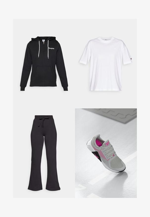 Champion GRAPHIC FULL ZIP HOODIE - Cipzáras pulóver - black; Fehér pamut póló, kerek nyakkivágással, rövid ujjakkal és egy apró logóval a bal mellen. Lazább szabású és egyszínű.; Fekete harang szabású melegítőnadrág, puha anyagból készült, kötőszalaggal ellátott derékkal és sima felülettel. A kényelem és a viselet egyszerűségének jegyében készült.; Szürke és rózsaszín Reebok sportcipő, hálós felső résszel és részletes talppal, tükröződő fehér felületen kiállítva.