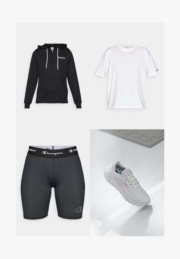 Champion GRAPHIC FULL ZIP HOODIE - Sweatjakke - black; Hvit bomulls t-skjorte med rund hals, korte ermer og en liten logo på venstre bryst. Har en avslappet passform og ensfarget design.; Svart trening shorts med Champion-logo og Combat-merke på en bred livlinning. Laget av glatt, elastisk materiale.; Lys grå treningsko med rosa detaljer, mesh-overdel, rund tå, støtdempende såle og snøring. Overflaten er glatt og reflekterende.