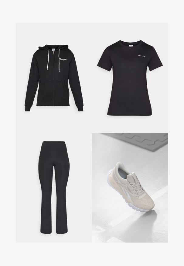 Champion GRAPHIC FULL ZIP HOODIE - Vetoketjullinen college - black; Musta lyhythihainen t-paita, joka on valmistettu puuvillasta ja jossa on pieni brodeerattu logo rinnassa. Klassinen pyöreä pääntie ja pehmeä rakenne.; Champion PERFORMANCE FLARE LEGGINS - Trikoot - black; Vaaleabeige urheilusukka, jossa on rei'itetty päällinen, tekstuuriset aksentit, pehmustettu nilkkareunus ja valkoinen kumipohja, suunniteltu mukavuutta ja hengittävyyttä varten.