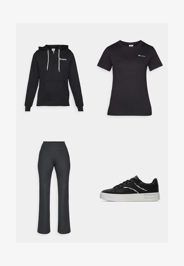 Champion GRAPHIC FULL ZIP HOODIE - Tröja med dragkedja - black; Svart kortärmad t-shirt i bomull, med en liten broderad logotyp på bröstet. Klassisk rundhalsad design med mjuk textur.; Ribbade svarta flarebyxor med hög midja. Tyget har en slät yta och strukturerad design, som sträcker sig till en löst sittande passform vid anklarna.; Svarta lädersneakers med vit sula, med tunna silverdetaljer och snördesign. Slät textur med varumärkesdetaljer på hälen.