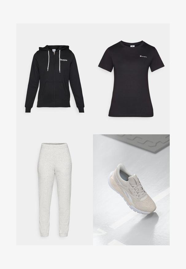 Champion GRAPHIC FULL ZIP HOODIE - Sweater met rits - black; Zwarte korte mouwen t-shirt van katoen, met een klein geborduurd logo op de borst. Klassiek crewneck ontwerp met een zachte textuur.; Lichtgrijze sweatpants van zachte, textuurstof. Voorzien van een elastische tailleband en taps toelopende enkels. Eenvoudig ontwerp zonder zakken of patronen.; Lichtbeige sportieve schoen met een geperforeerde bovenkant, textuurverwerking, gewatteerde kraag en een witte rubberen zool, ontworpen voor comfort en ademend vermogen.