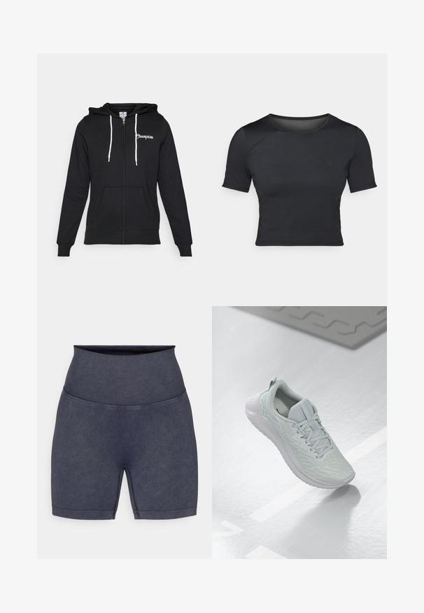Champion GRAPHIC FULL ZIP HOODIE - Sudadera con cremallera - black; Top corto negro de manga corta, hecho de una tela suave y elástica, con escote redondo y sutiles detalles de costura en los hombros.; Pantalones cortos de talle alto, de un azul marino oscuro, confeccionados en una tela suave y elástica con una textura Lisa y sutiles detalles de costura a lo largo de las costuras.; Zapatilla deportiva gris claro con parte superior de malla texturizada, diseño de cordones, suela acolchada y un mínimo detalle de marca.
