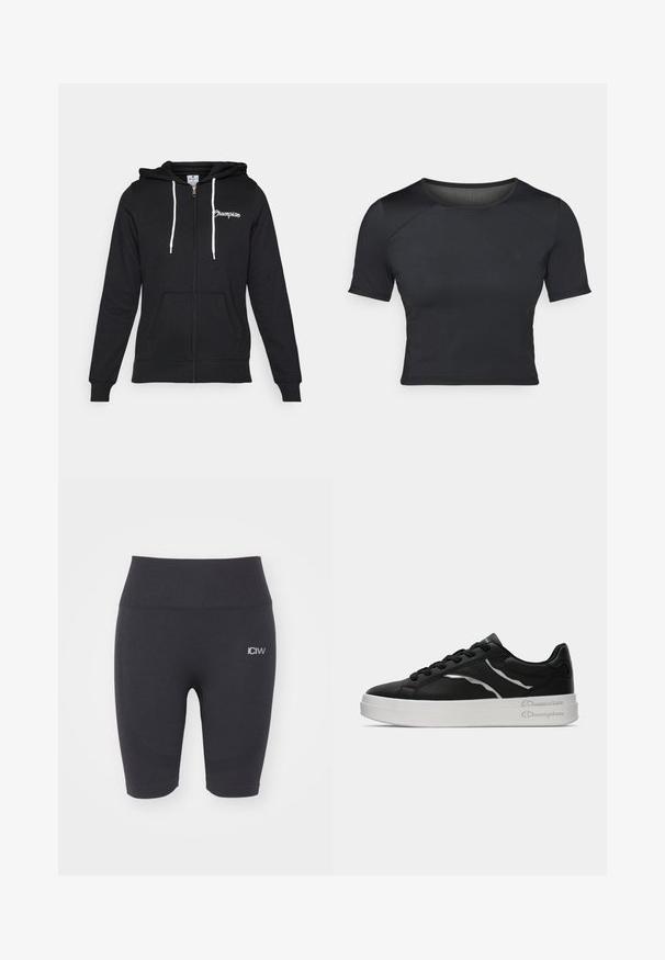 Champion GRAPHIC FULL ZIP HOODIE - Zip-up sweatshirt - black; Black short-sleeve crop top made of smooth, stretchy fabric with a round neckline and subtle seam details on the shoulders.; ICANIWILL SOFT SEAMLESS BIKER SHORTS - Leggings - black; Black leather sneaker with white sole, featuring thin silver accents and lace-up design. Smooth texture with branded detailing on the heel.