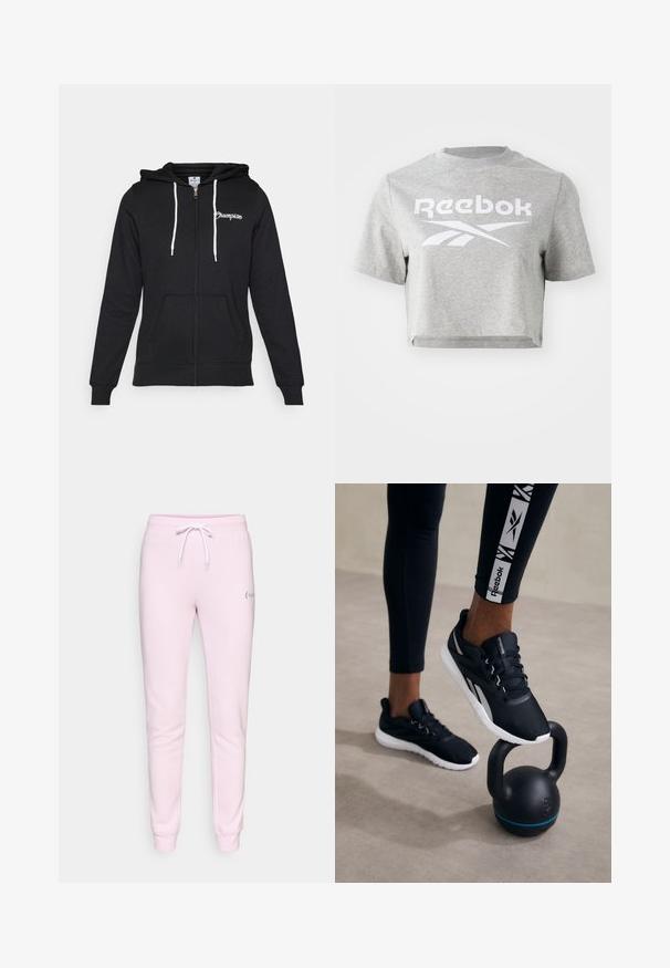 Champion GRAPHIC FULL ZIP HOODIE - Sweatjakke - black; Grå cropped t-skjorte laget av bomull, med rund hals og korte ermer, med hvit "Reebok" tekst og logo trykket på forsiden.; Lyserøde joggebukser med snor i livet, elastiske mansjetter og en liten logo på venstre lår. Laget av myk, komfortabelt stoff.; Svarte joggesko med strukturert overdel, hvit såle og grå aksenter, plassert på en svart kettlebell med blå stripe, mot en nøytral bakgrunn.