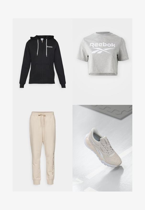 Champion GRAPHIC FULL ZIP HOODIE - Sudadera con cremallera - black; Camiseta gris recortada de algodón, con cuello redondo y mangas cortas, con texto y logo "Reebok" en blanco impresos en el frente.; Champion ICONS CUFF PANTS LARGE LOGO - Pantalones deportivos - beige; Zapatilla deportiva de color beige claro con parte superior perforada, acentos texturizados, cuello acolchado y suela de goma blanca, diseñada para la comodidad y la transpirabilidad.