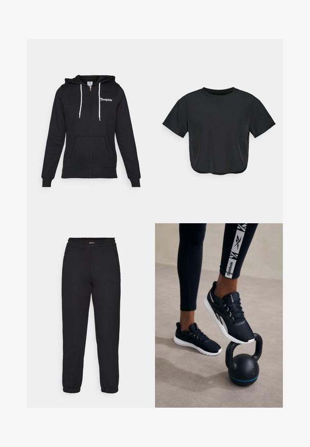 Champion GRAPHIC FULL ZIP HOODIE - Jaka ar rāvējslēdzēju - black; Melna īsā T-krekls, izgatavots no mīkstas auduma, ar apaļu kakla izgriezumu, īsām piedurknēm un brīvu piegriezumu. Diskrēti šuvju elementi.; Champion C-TECH CUFFED PANTS INTERLOCK - Treniņtērpa apakšdaļas - black; Melni sporta apavi ar struktūrētu augšdaļu, balto zoli un pelēkiem akcentiem, novietoti uz melna kettlebella ar zilā svītru, uz neitrāla fona.
