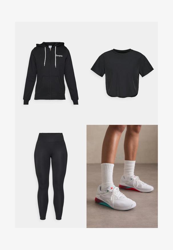 Champion GRAPHIC FULL ZIP HOODIE - Jaka ar rāvējslēdzēju - black; Melna īsā T-krekls, izgatavots no mīkstas auduma, ar apaļu kakla izgriezumu, īsām piedurknēm un brīvu piegriezumu. Diskrēti šuvju elementi.; Melnas leggingas, kas izgatavotas no stiept auduma, ar augstu jostasvietu, sašaurinātiem pēdu galiem un piedurknēm, ar gludu, matētu tekstūru.; Baltas sporta apavi ar teksturētu augšdaļu, tirkīza akcentiem un sarkanu papēdi. Valkāti ar ribotām baltām zeķēm. Iespējams, ka ir auklas un zīmols.