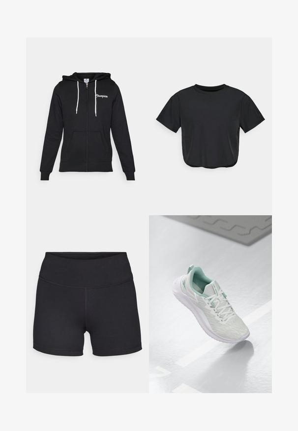 Champion GRAPHIC FULL ZIP HOODIE - Mikina so zipsom - black; Čierne skrátené tričko vyrobené z jemného materiálu, s okrúhlym výstrihom, krátkymi rukávmi a voľným strihom. Jemné detaily šitia.; Champion TRAINING SOFT TOUCH BIKER SHORTS - Legíny - black; Svetlošedé športové topánky s štruktúrovaným pleteným zvrškom, mätozelenými akcentmi, bielymi šnúrkami, gumovou podrážkou a pútkom na päte.
