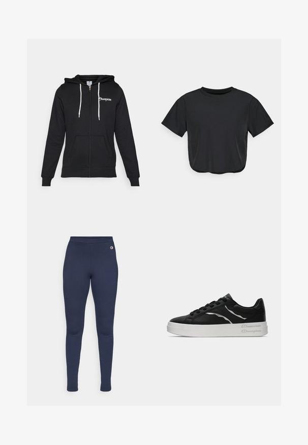 Champion GRAPHIC FULL ZIP HOODIE - Camisola com fecho - black; T-shirt cropped preto feito de material suave, com decote redondo, mangas curtas e um corte descontraído. Detalhes de costura subtis.; Leggings na cor azul-marinho feitos de tecido elástico, apresentando um design ajustado com uma cintura lisa e um pequeno logotipo na altura do quadril.; Sapatilha de couro preta com sola branca, apresentando finos realces em prata e design com atacadores. Textura suave com detalhamento de marca na parte de trás.