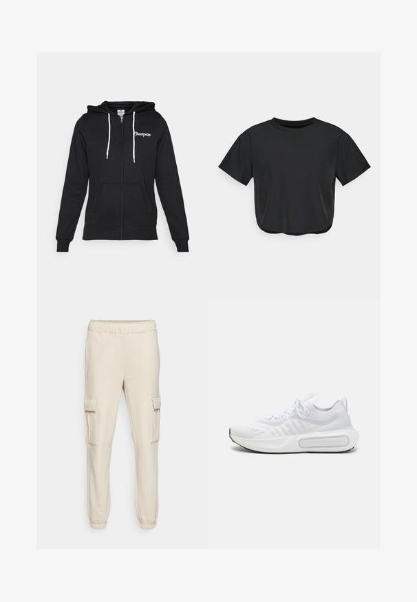 Champion GRAPHIC FULL ZIP HOODIE - Sudadera con cremallera - black; Camiseta corta negra hecha de material suave, con cuello redondo, mangas cortas y un ajuste relajado. Detalles de costura sutil.; Pantalones cargo beige hechos de una tela suave, con una cinturilla elástica, dos bolsillos laterales y puños acanalados en los tobillos.; Zapatilla deportiva blanca con una parte superior de punto texturizado, cierre de cordones, suela acolchada y un detalle de marca distintivo en el lateral.
