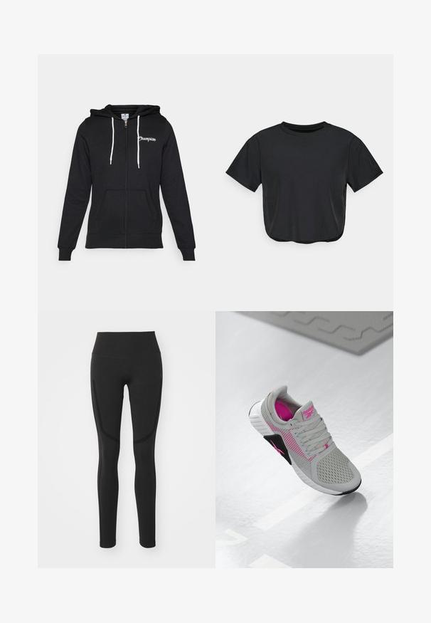 Champion GRAPHIC FULL ZIP HOODIE - Sudadera con cremallera - black; Camiseta corta negra hecha de material suave, con cuello redondo, mangas cortas y un ajuste relajado. Detalles de costura sutil.; Leggings negros con cintura alta, tejido suave y detalles de panel lateral en contraste. Diseño ajustado que se extiende hasta el tobillo.; Zapatilla deportiva Reebok en gris y rosa con parte superior de malla y suela detallada, exhibida sobre una superficie blanca reflexiva.