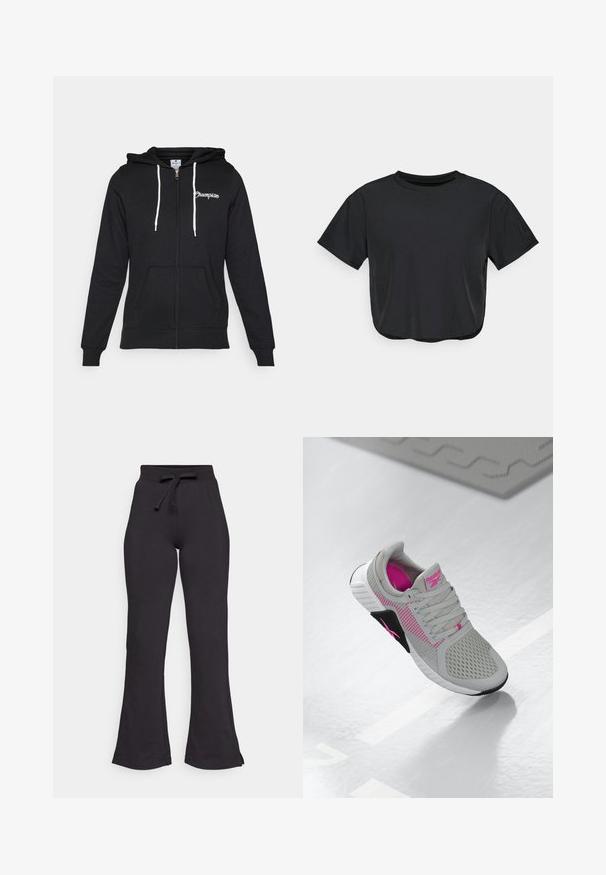 Champion GRAPHIC FULL ZIP HOODIE - Cipzáras pulóver - black; Fekete, rövidített póló, puha anyagból készült, kerek nyakkivágással, rövid ujjas és laza szabással. Finom varrási részletek.; Fekete harang szabású melegítőnadrág, puha anyagból készült, kötőszalaggal ellátott derékkal és sima felülettel. A kényelem és a viselet egyszerűségének jegyében készült.; Szürke és rózsaszín Reebok sportcipő, hálós felső résszel és részletes talppal, tükröződő fehér felületen kiállítva.
