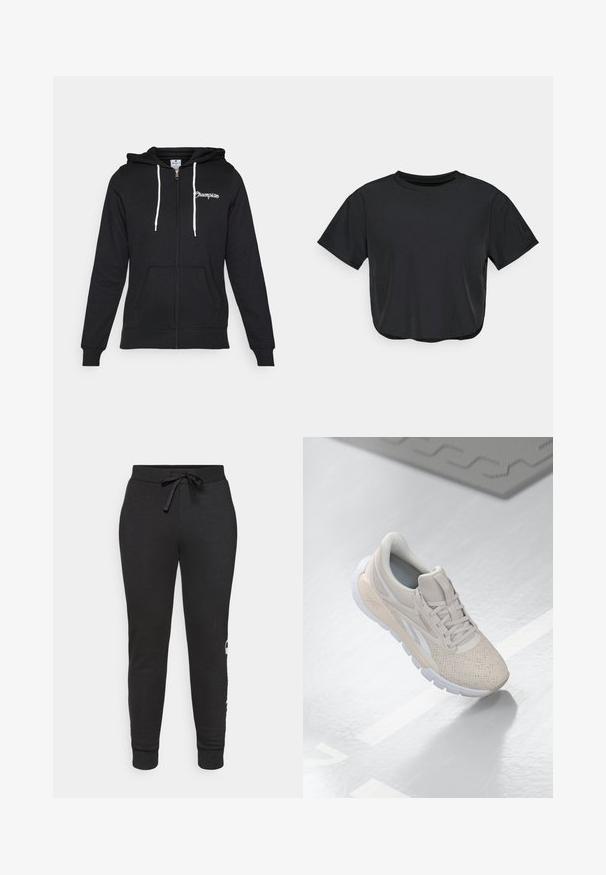 Champion GRAPHIC FULL ZIP HOODIE - Mikina so zipsom - black; Čierne skrátené tričko vyrobené z jemného materiálu, s okrúhlym výstrihom, krátkymi rukávmi a voľným strihom. Jemné detaily šitia.; Čierne tapered jogger nohavice s pásom na stiahnutie, vyrobené z mäkkej tkaniny. Majú rebrované manžety a potlačené logo po stranách.; Svetlo béžová atletická obuv s perforovaným zvrškom, textúrovanými akcentmi, polstrovaným golierom a bielou gumovou podrážkou, navrhnutá pre pohodlie a priedušnosť.