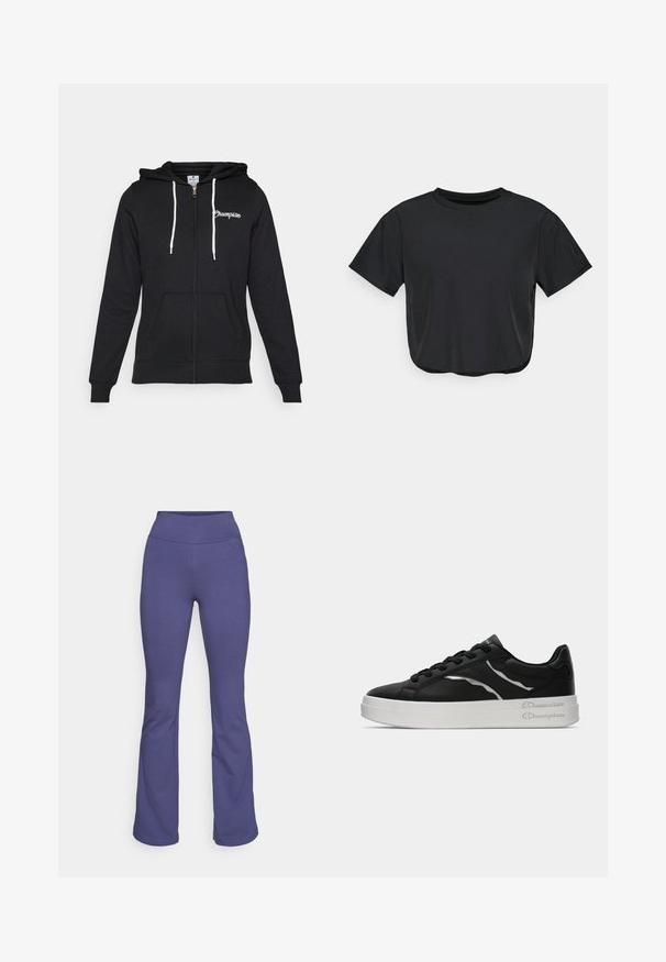 Champion GRAPHIC FULL ZIP HOODIE - Majica s kapuljačom i patentnim zatvaračem - black; Crni skraćeni majicu od mekog materijala, s okruglim izrezom, kratkim rukavima i opuštenim krojem. Suptilni detalji šivanja.; Ljubičaste široke hlače od rastezljivog materijala, s visokim pojasom i glatkom teksturom, dizajnirane za udobnost i fleksibilnost.; Crne kožne tenisice s bijelim potplatom, s tankim srebrnim naglascima i dizajnom s vezicama. Glatka tekstura s brendiranim detaljem na peti.