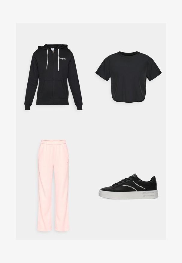 Champion GRAPHIC FULL ZIP HOODIE - Užtrauktuku užsegamas treningas - black; Juoda trumpa marškinėlių palaidinė, pagaminta iš minkštos medžiagos, su apvalia iškirpte, trumpomis rankovėmis ir laisvu siluetu. Subtilios siuvimo detalės.; Šviesiai rožinės sportinės kelnės su elastinga juosmens juosta, tiesaus kirpimo ir šoninėmis kišenėmis. Pagamintos iš minkštos, patogios medžiagos su minimaliu papuošimu.; Juoda odinė sportinė avalynė su balta padu, turinti plonus sidabrinius akcentus ir raištelių dizainą. Lygus paviršius su prekės ženklo detalėmis ant kulno.