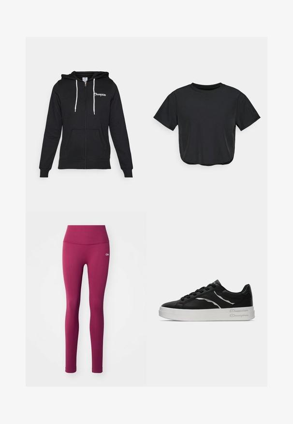 Champion GRAPHIC FULL ZIP HOODIE - Zip-up sweatshirt - black; Black cropped t-shirt made of soft material, featuring a round neckline, short sleeves, and a relaxed fit. Subtle stitching details.; Purple ribbed leggings with a high waist and a small white logo. The fabric appears stretchy and smooth, suitable for active wear.; Black leather sneaker with white sole, featuring thin silver accents and lace-up design. Smooth texture with branded detailing on the heel.
