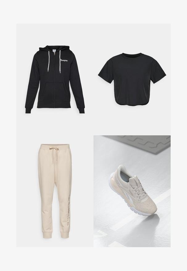 Champion GRAPHIC FULL ZIP HOODIE - Jaka ar rāvējslēdzēju - black; Melna īsā T-krekls, izgatavots no mīkstas auduma, ar apaļu kakla izgriezumu, īsām piedurknēm un brīvu piegriezumu. Diskrēti šuvju elementi.; Champion ICONS CUFF PANTS LARGE LOGO - Treniņtērpa apakšdaļas - beige; Gai bēša sporta apavi ar caurumiņiem augšdaļā, teksturētiem akcentiem, mīkstu apkakli un baltu gumijas zoli, kas paredzēti komfortam un gaisa caurlaidībai.