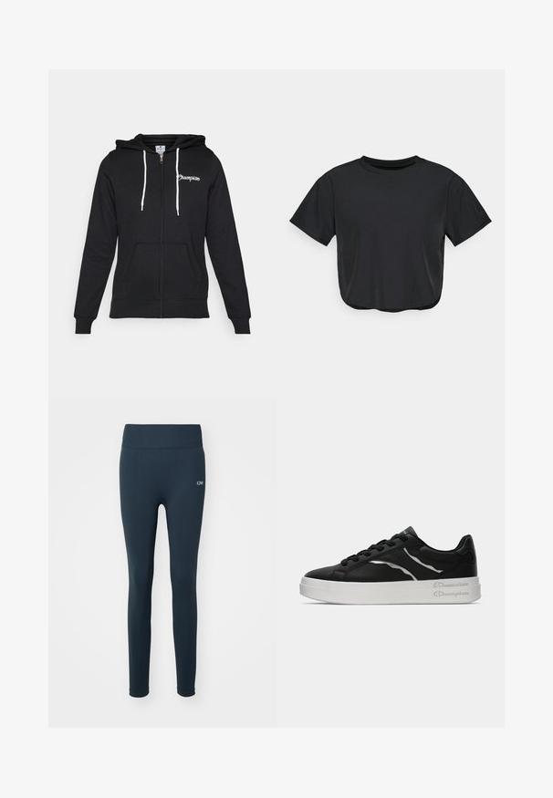 Champion GRAPHIC FULL ZIP HOODIE - Mikina na zip - black; Černé zkrácené tričko vyrobené z měkkého materiálu, s kulatým výstřihem, krátkými rukávy a volným střihem. Jemné detaily prošívání.; Námořnické legíny vyrobené z elastické tkaniny, s vysokým pasem, hladkou texturou a malým bílým logem na boku.; Černé kožené tenisky s bílou podrážkou, s tenkými stříbrnými akcenty a šněrovacím designem. Hladký povrch s logem na patě.