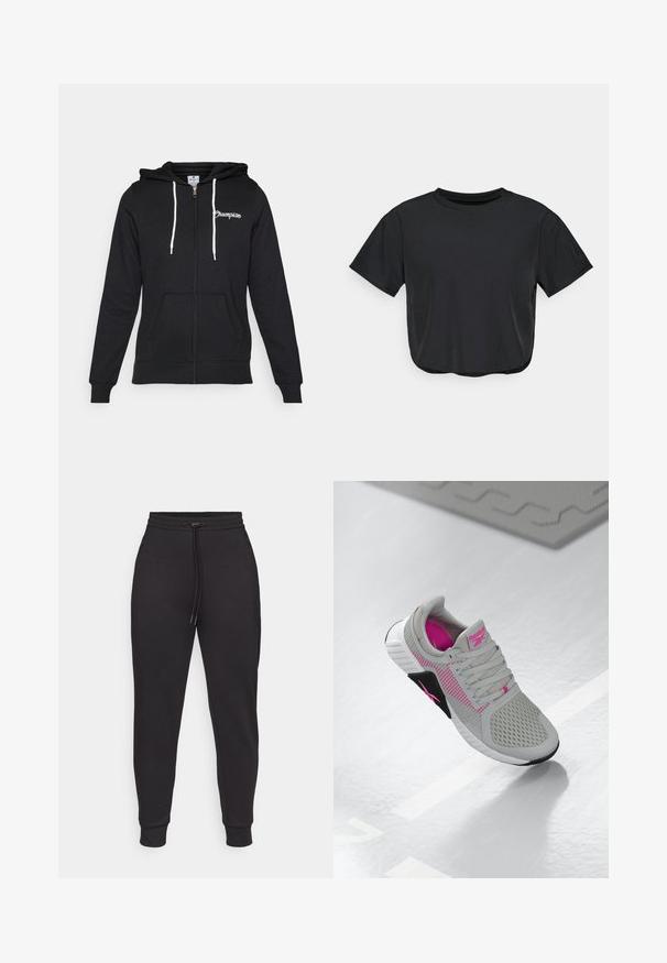 Champion GRAPHIC FULL ZIP HOODIE - Cipzáras pulóver - black; Fekete, rövidített póló, puha anyagból készült, kerek nyakkivágással, rövid ujjas és laza szabással. Finom varrási részletek.; Fekete nadrág, puha anyagból készült, rugalmas derékrésszel, húzózsinórral, szűkített szárakkal és oldalsó zsebekkel.; Szürke és rózsaszín Reebok sportcipő, hálós felső résszel és részletes talppal, tükröződő fehér felületen kiállítva.