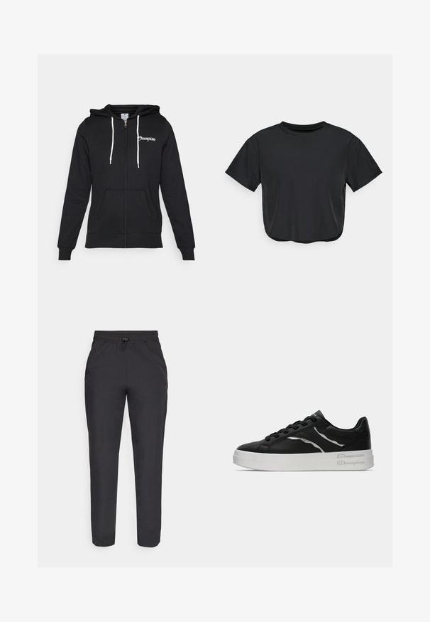 Champion GRAPHIC FULL ZIP HOODIE - Sweater met rits - black; Zwarte cropped t-shirt van zacht materiaal, met een ronde halslijn, korte mouwen en een ontspannen pasvorm. Subtiele stikdetails.; Champion C-TECH WIDE LEG PANTS - Broek - black; Zwarte leren sneaker met witte zool, voorzien van dunne zilveren accenten en een vetersluiting. Gladde textuur met merkdetails op de hiel.