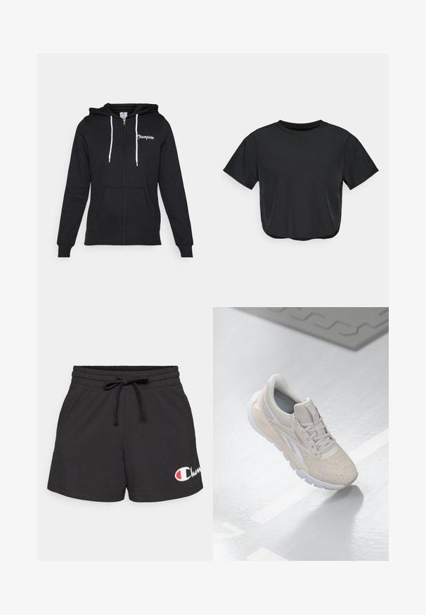 Champion GRAPHIC FULL ZIP HOODIE - Camisola com fecho - black; T-shirt cropped preto feito de material suave, com decote redondo, mangas curtas e um corte descontraído. Detalhes de costura subtis.; Calções pretos de algodão com cintura elástica e cordão regulador. Apresentam um logótipo branco e vermelho no canto inferior esquerdo. Textura suave.; Shoe desportivo beige claro com parte superior perfurada, detalhes texturizados, colarinho acolchoado e sola de borracha branca, projetado para conforto e respirabilidade.