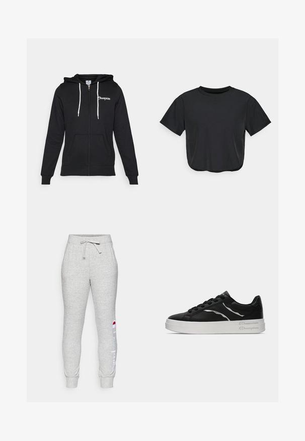 Champion GRAPHIC FULL ZIP HOODIE - Sweatjakke - black; Svart croppet t-skjorte laget av mykt materiale, med rund halsutskjæring, korte ermer og en avslappet passform. Subtile sømdetaljer.; Grå bomullsblandings sweatpants med elastisk midjebånd, snøring og ribbestrikkede mansjetter. Har en hvit "Champion" logo på siden.; Sorte lærersneakers med hvit såle, med tynne sølvdetaljer og snøring. Glatt tekstur med merkevaredetaljering på hælen.