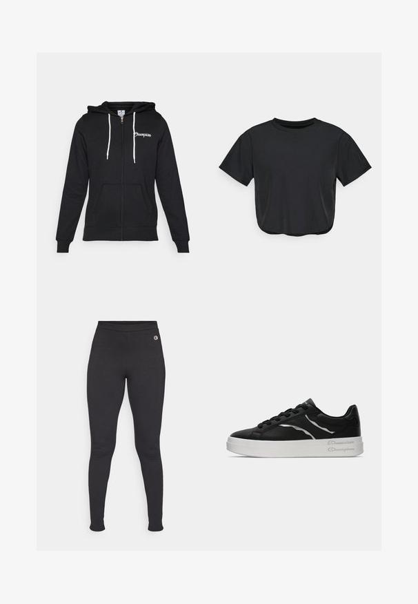 Champion GRAPHIC FULL ZIP HOODIE - Camisola com fecho - black; T-shirt cropped preto feito de material suave, com decote redondo, mangas curtas e um corte descontraído. Detalhes de costura subtis.; Leggings pretos feitos de um material elástico, apresentando uma cintura alta e um pequeno logotipo na área do quadril esquerdo. Textura suave.; Sapatilha de couro preta com sola branca, apresentando finos realces em prata e design com atacadores. Textura suave com detalhamento de marca na parte de trás.