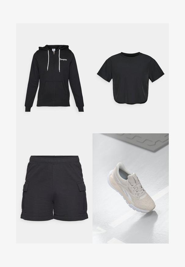 Champion GRAPHIC FULL ZIP HOODIE - Jaka ar rāvējslēdzēju - black; Melna īsā T-krekls, izgatavots no mīkstas auduma, ar apaļu kakla izgriezumu, īsām piedurknēm un brīvu piegriezumu. Diskrēti šuvju elementi.; Melni cargo šorti, izgatavoti no mīksta, elastīga auduma. Iespējas ir sānu kabatas, elastīgs jostasvieta un locīts apakšmalā.; Gai bēša sporta apavi ar caurumiņiem augšdaļā, teksturētiem akcentiem, mīkstu apkakli un baltu gumijas zoli, kas paredzēti komfortam un gaisa caurlaidībai.