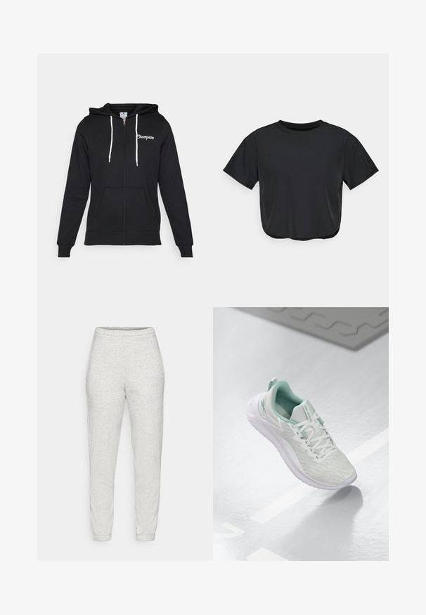 Champion GRAPHIC FULL ZIP HOODIE - Zip-up sweatshirt - black; Black cropped t-shirt made of soft material, featuring a round neckline, short sleeves, and a relaxed fit. Subtle stitching details.; Light gray sweatpants in soft, textured fabric. Features an elastic waistband and tapered ankles. Simple design without pockets or patterns.; Light gray athletic shoe with a textured knit upper, mint green accents, white laces, rubber sole, and pull tab at the heel.