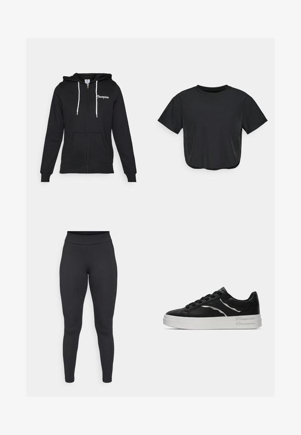 Champion GRAPHIC FULL ZIP HOODIE - Bluză de molton cu fermoar - black; Tricou scurt negru din material moale, cu guler rotund, mâneci scurte și o croială lejeră. Detalii de cusătură subtile.; Colanți negri dintr-un material elastic, cu un talie înaltă, ajustați pe corp și o textură netedă, fără modele sau accente vizibile.; Tenis din piele neagră cu talpă albă, având accente subțiri de argint și design cu șireturi. Textură netedă cu detalii de brand pe toc.