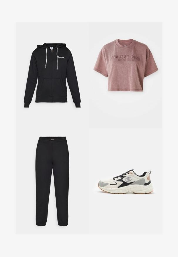 Champion GRAPHIC FULL ZIP HOODIE - Užtrauktuku užsegamas treningas - black; Trumpas, trumpomis rankovėmis marškinėliai dulkėto rožės spalvos, pagaminti iš minkštos medžiagos. Priekyje yra iškilmingas tekstas "PROJECT ROCK" ir "STOP FOR NOTHING".; Champion C-TECH CUFFED PANTS INTERLOCK - Treningo apatinė dalis - black; Champion COUNTESS - Avalynė treniruotėms - offwhite/black/grey